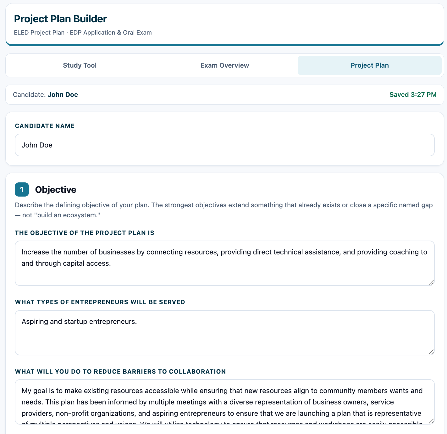The ELED Project Plan template as a guided builder