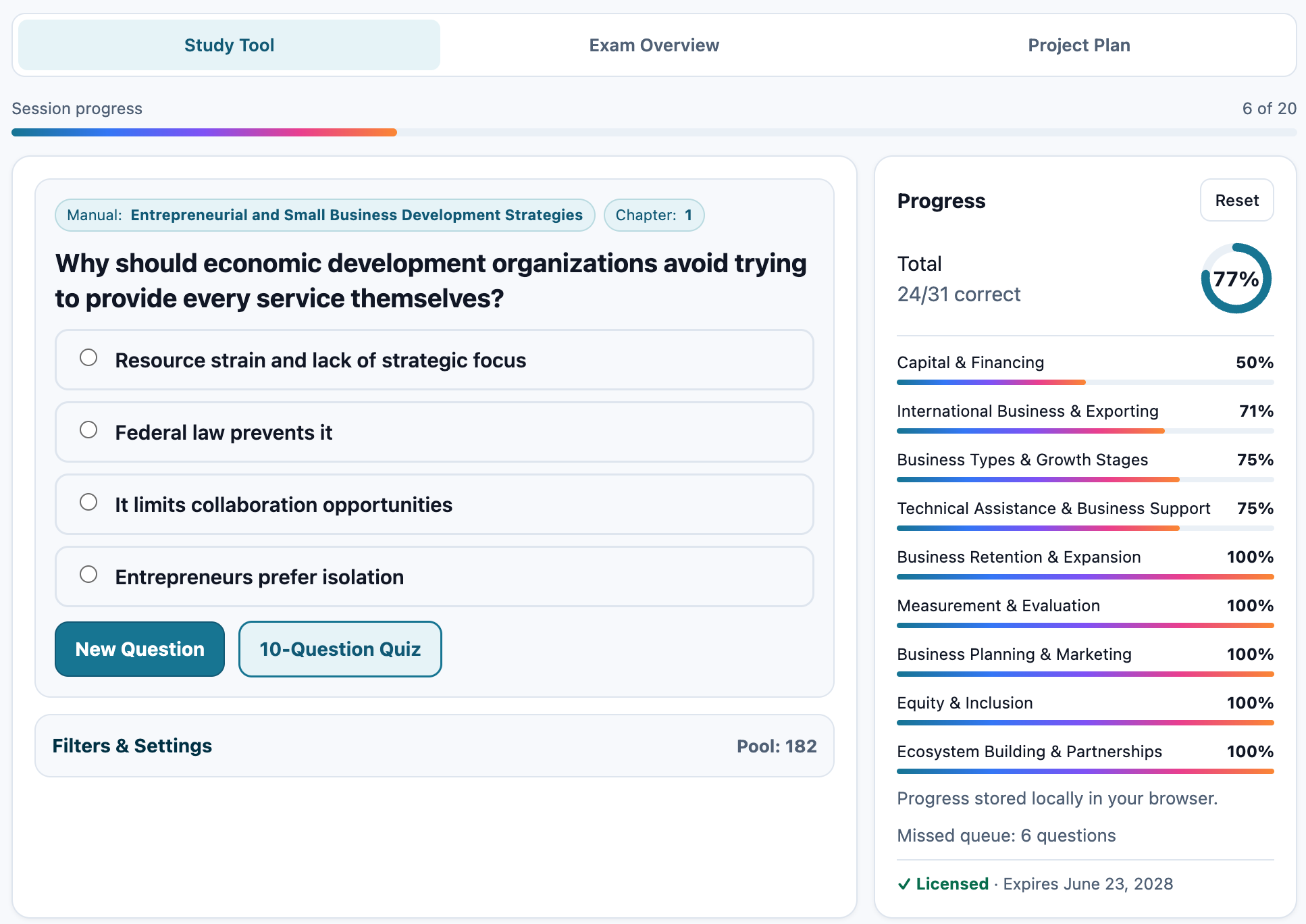 Practice mode showing a question with answer options and progress tracking